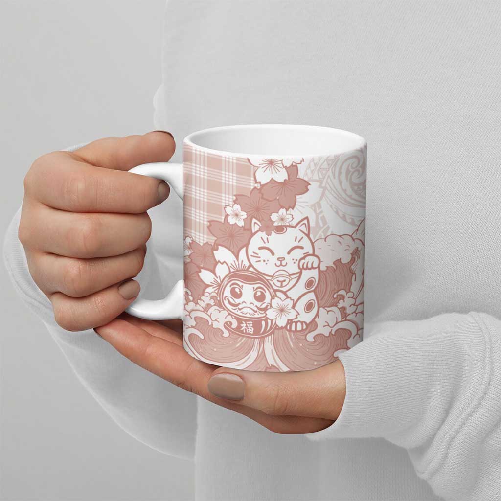 Beige Palaka Hawaiian And Japanese Ceramic Mug Maneki Neko And Sakura Bloom DT05 - Polynesian Pride