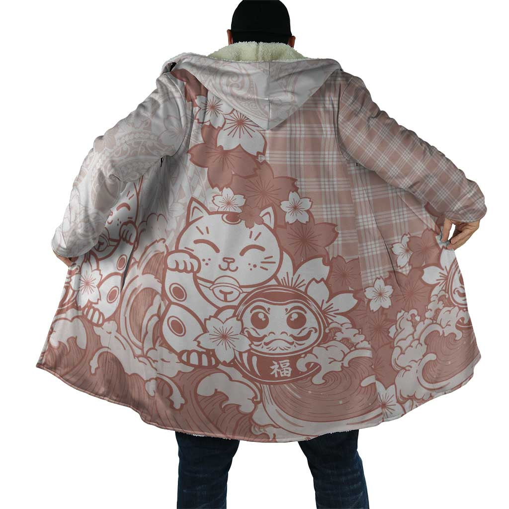 Beige Palaka Hawaiian And Japanese Cloak Maneki Neko And Sakura Bloom DT05 - Polynesian Pride