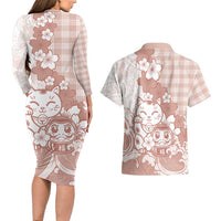 Beige Palaka Hawaiian And Japanese Couples Matching Long Sleeve Bodycon Dress and Hawaiian Shirt Maneki Neko And Sakura Bloom