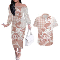 Beige Palaka Hawaiian And Japanese Couples Matching Off The Shoulder Long Sleeve Dress and Hawaiian Shirt Maneki Neko And Sakura Bloom