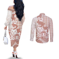 Beige Palaka Hawaiian And Japanese Couples Matching Off The Shoulder Long Sleeve Dress and Long Sleeve Button Shirt Maneki Neko And Sakura Bloom