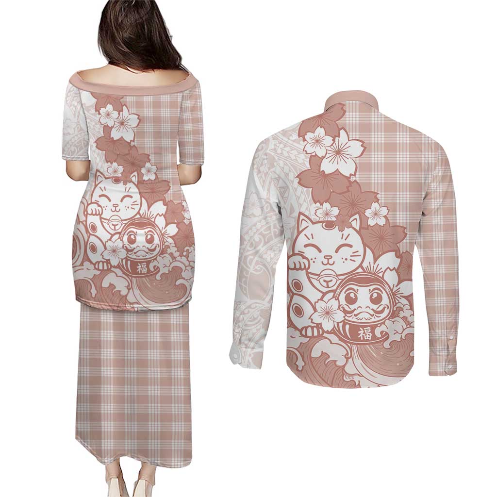 Beige Palaka Hawaiian And Japanese Couples Matching Puletasi and Long Sleeve Button Shirt Maneki Neko And Sakura Bloom DT05 - Polynesian Pride