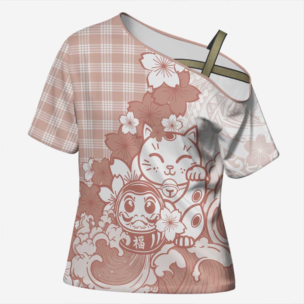Beige Palaka Hawaiian And Japanese Cross Shoulder Shirt Maneki Neko And Sakura Bloom DT05 Female Beige - Polynesian Pride
