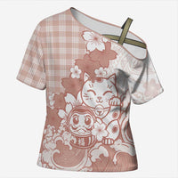 Beige Palaka Hawaiian And Japanese Cross Shoulder Shirt Maneki Neko And Sakura Bloom DT05 Female Beige - Polynesian Pride