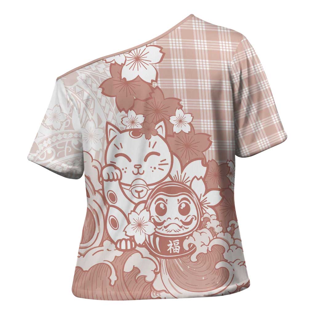 Beige Palaka Hawaiian And Japanese Cross Shoulder Shirt Maneki Neko And Sakura Bloom DT05 - Polynesian Pride