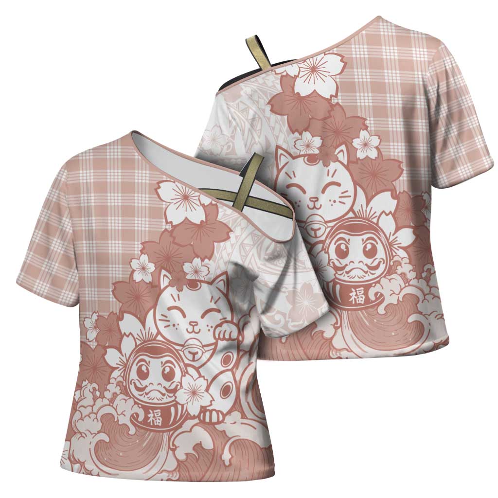 Beige Palaka Hawaiian And Japanese Cross Shoulder Shirt Maneki Neko And Sakura Bloom DT05 - Polynesian Pride