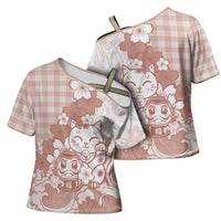 Beige Palaka Hawaiian And Japanese Cross Shoulder Shirt Maneki Neko And Sakura Bloom DT05 - Polynesian Pride
