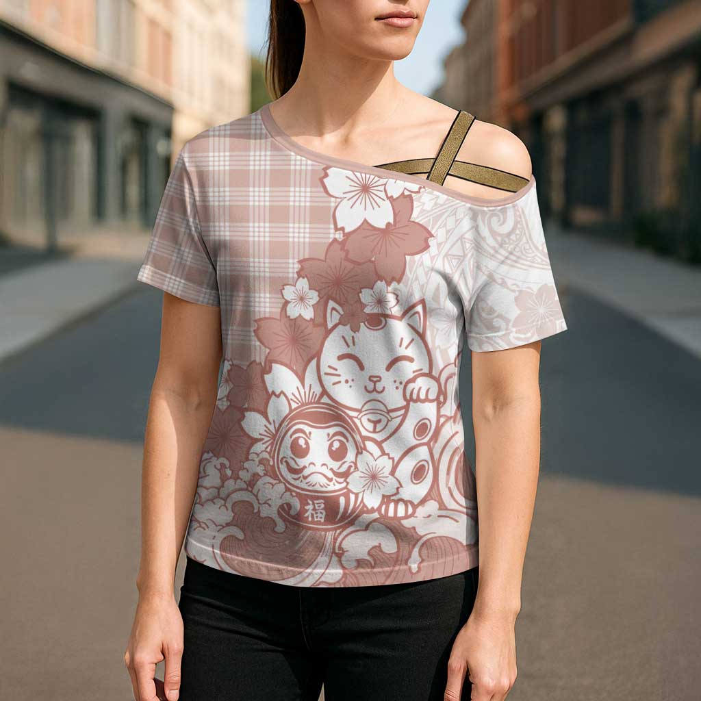 Beige Palaka Hawaiian And Japanese Cross Shoulder Shirt Maneki Neko And Sakura Bloom DT05 - Polynesian Pride