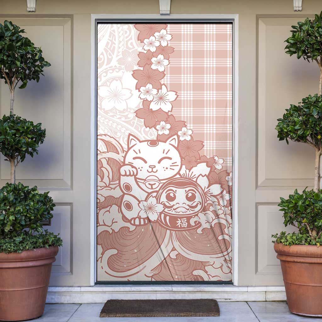 Beige Palaka Hawaiian And Japanese Door Cover Maneki Neko And Sakura Bloom DT05 Beige - Polynesian Pride