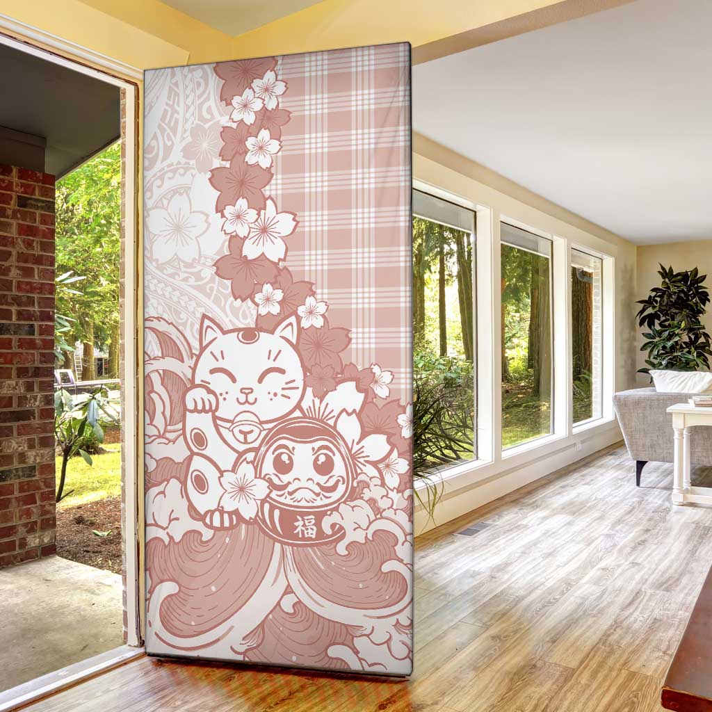 Beige Palaka Hawaiian And Japanese Door Cover Maneki Neko And Sakura Bloom DT05 - Polynesian Pride