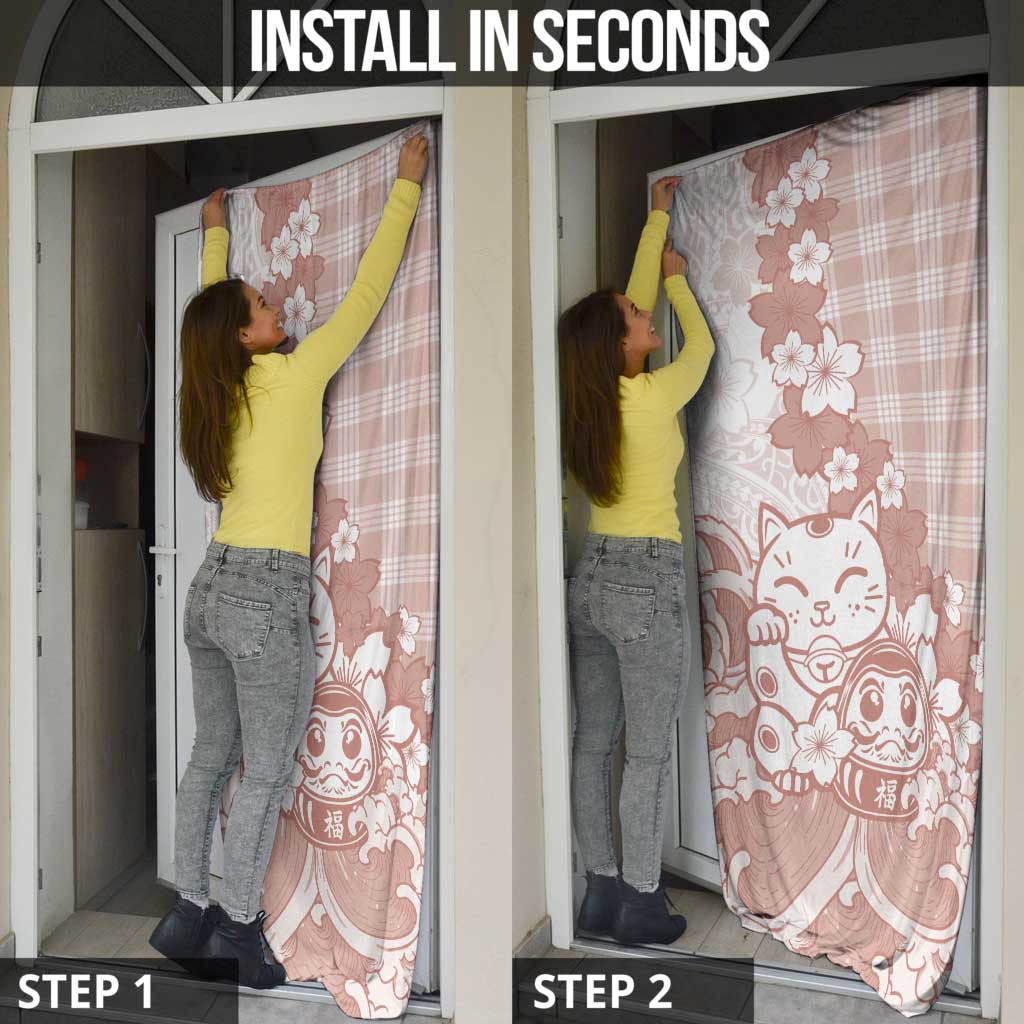 Beige Palaka Hawaiian And Japanese Door Cover Maneki Neko And Sakura Bloom DT05 - Polynesian Pride