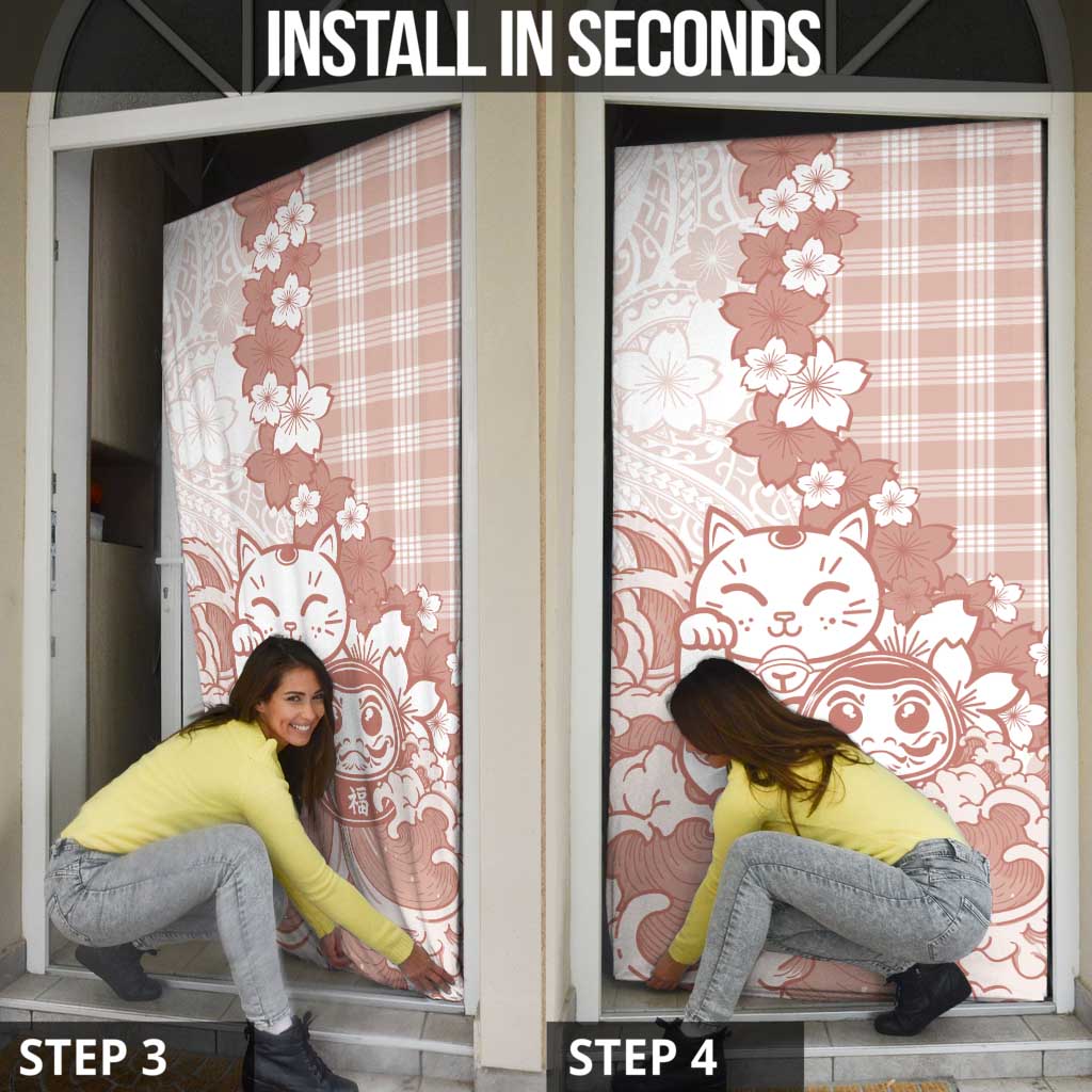 Beige Palaka Hawaiian And Japanese Door Cover Maneki Neko And Sakura Bloom DT05 - Polynesian Pride
