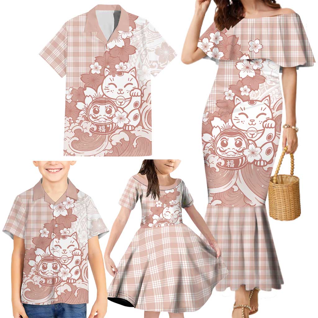 Beige Palaka Hawaiian And Japanese Family Matching Mermaid Dress and Hawaiian Shirt Maneki Neko And Sakura Bloom