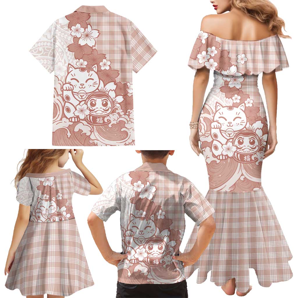 Beige Palaka Hawaiian And Japanese Family Matching Mermaid Dress and Hawaiian Shirt Maneki Neko And Sakura Bloom