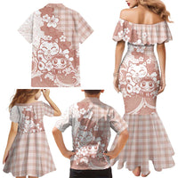 Beige Palaka Hawaiian And Japanese Family Matching Mermaid Dress and Hawaiian Shirt Maneki Neko And Sakura Bloom