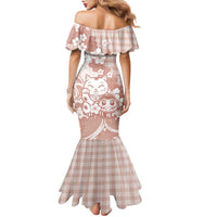 Beige Palaka Hawaiian And Japanese Family Matching Mermaid Dress and Hawaiian Shirt Maneki Neko And Sakura Bloom