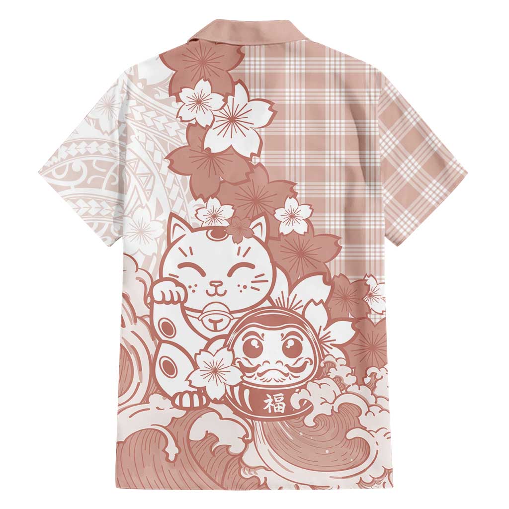 Beige Palaka Hawaiian And Japanese Family Matching Off The Shoulder Long Sleeve Dress and Hawaiian Shirt Maneki Neko And Sakura Bloom