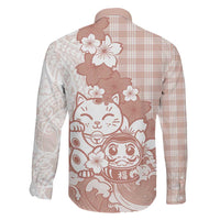 Beige Palaka Hawaiian And Japanese Family Matching Off The Shoulder Long Sleeve Dress and Hawaiian Shirt Maneki Neko And Sakura Bloom