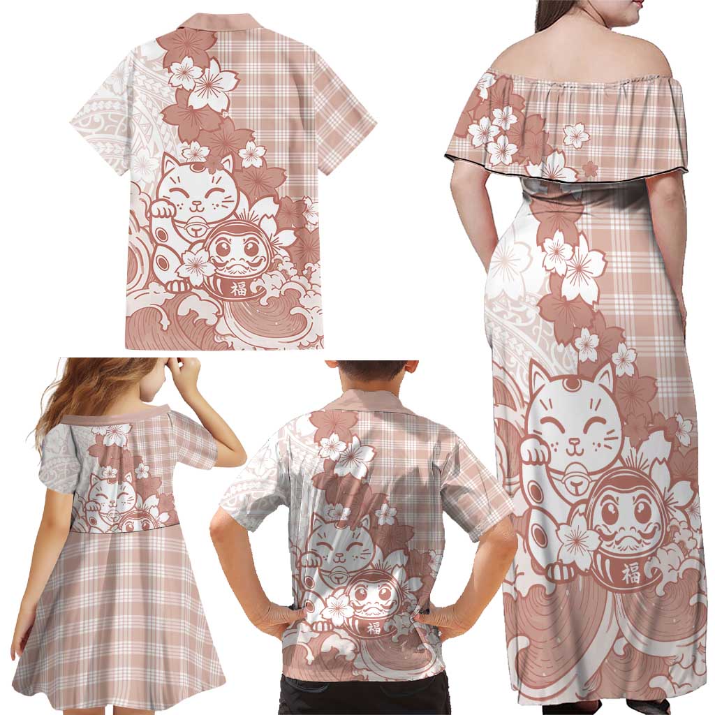 Beige Palaka Hawaiian And Japanese Family Matching Off Shoulder Maxi Dress and Hawaiian Shirt Maneki Neko And Sakura Bloom