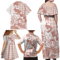Beige Palaka Hawaiian And Japanese Family Matching Off Shoulder Maxi Dress and Hawaiian Shirt Maneki Neko And Sakura Bloom
