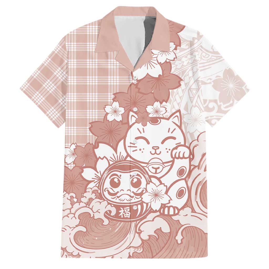 Beige Palaka Hawaiian And Japanese Family Matching Off Shoulder Maxi Dress and Hawaiian Shirt Maneki Neko And Sakura Bloom