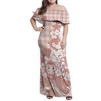 Beige Palaka Hawaiian And Japanese Family Matching Off Shoulder Maxi Dress and Hawaiian Shirt Maneki Neko And Sakura Bloom