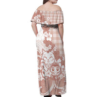 Beige Palaka Hawaiian And Japanese Family Matching Off Shoulder Maxi Dress and Hawaiian Shirt Maneki Neko And Sakura Bloom