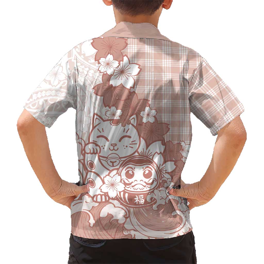Beige Palaka Hawaiian And Japanese Family Matching Off Shoulder Short Dress and Hawaiian Shirt Maneki Neko And Sakura Bloom