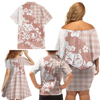 Beige Palaka Hawaiian And Japanese Family Matching Off Shoulder Short Dress and Hawaiian Shirt Maneki Neko And Sakura Bloom