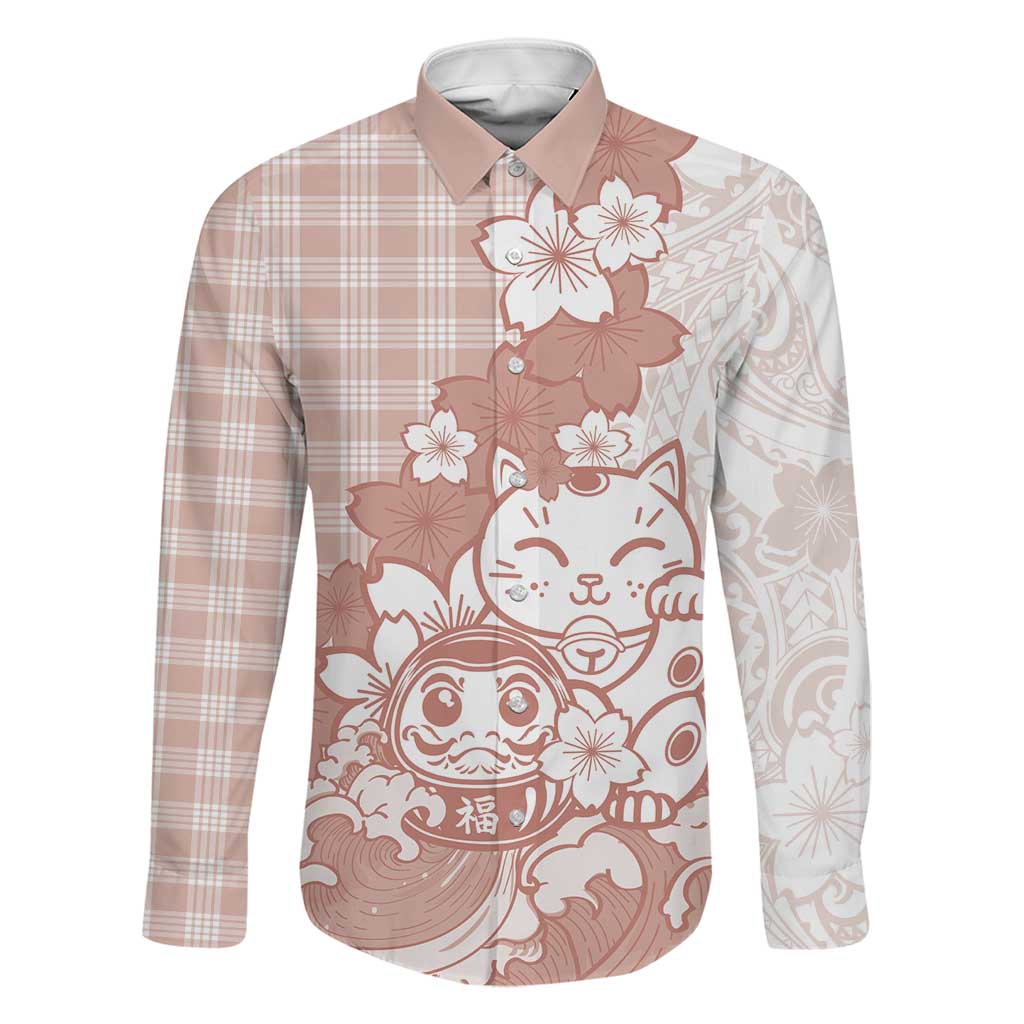 Beige Palaka Hawaiian And Japanese Family Matching Off Shoulder Short Dress and Hawaiian Shirt Maneki Neko And Sakura Bloom
