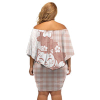 Beige Palaka Hawaiian And Japanese Family Matching Off Shoulder Short Dress and Hawaiian Shirt Maneki Neko And Sakura Bloom