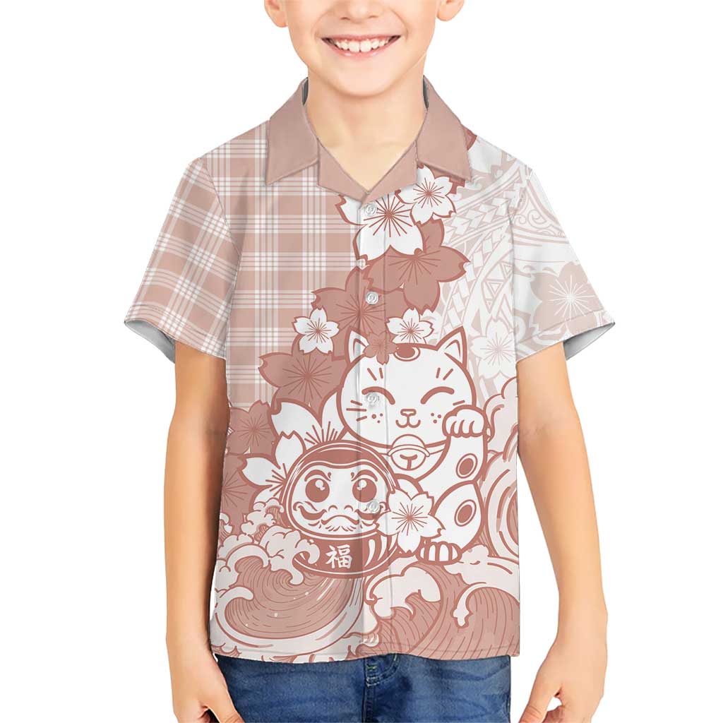 Beige Palaka Hawaiian And Japanese Family Matching Off Shoulder Short Dress and Hawaiian Shirt Maneki Neko And Sakura Bloom