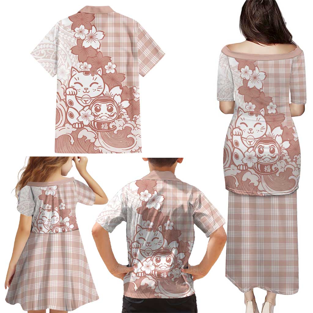 Beige Palaka Hawaiian And Japanese Family Matching Puletasi and Hawaiian Shirt Maneki Neko And Sakura Bloom