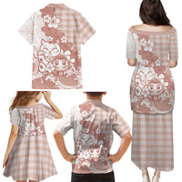 Beige Palaka Hawaiian And Japanese Family Matching Puletasi and Hawaiian Shirt Maneki Neko And Sakura Bloom