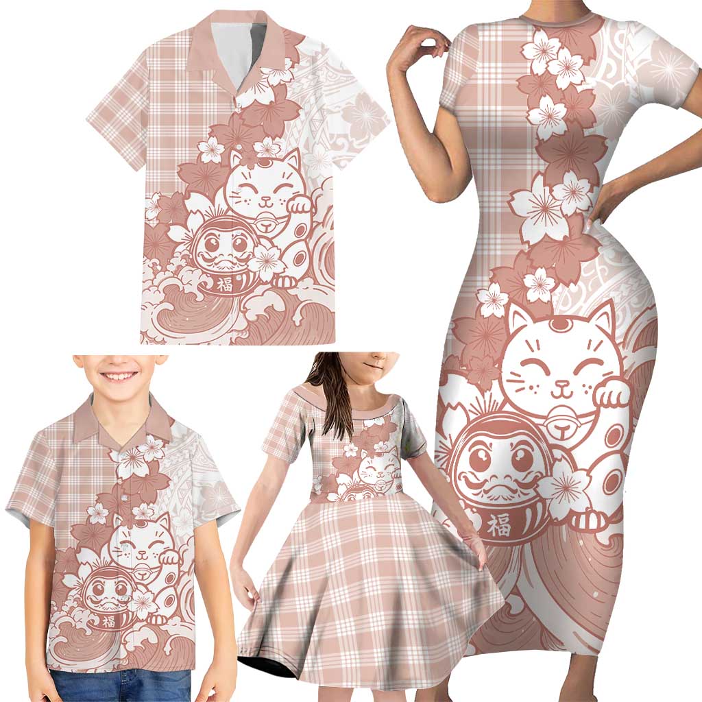 Beige Palaka Hawaiian And Japanese Family Matching Short Sleeve Bodycon Dress and Hawaiian Shirt Maneki Neko And Sakura Bloom