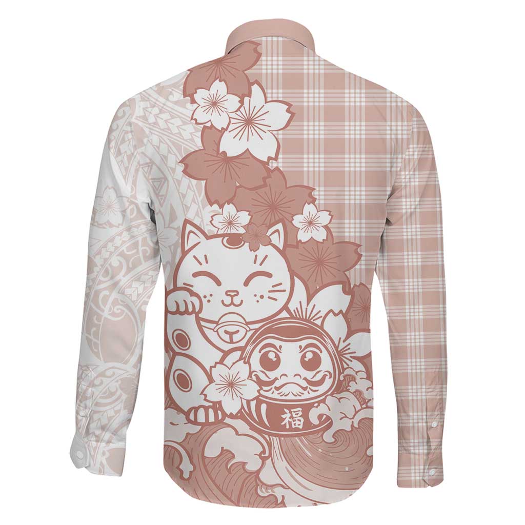 Beige Palaka Hawaiian And Japanese Family Matching Short Sleeve Bodycon Dress and Hawaiian Shirt Maneki Neko And Sakura Bloom