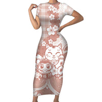 Beige Palaka Hawaiian And Japanese Family Matching Short Sleeve Bodycon Dress and Hawaiian Shirt Maneki Neko And Sakura Bloom
