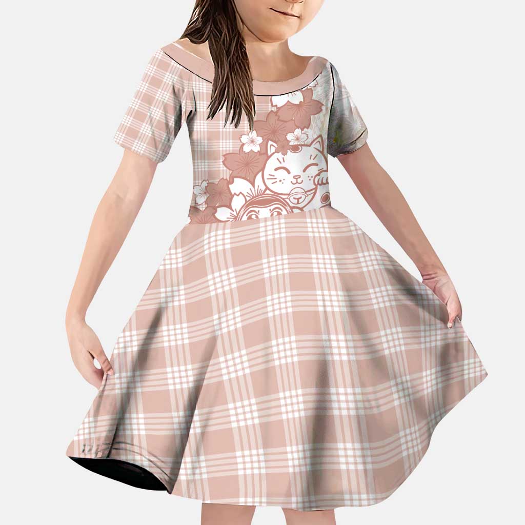 Beige Palaka Hawaiian And Japanese Family Matching Summer Maxi Dress and Hawaiian Shirt Maneki Neko And Sakura Bloom