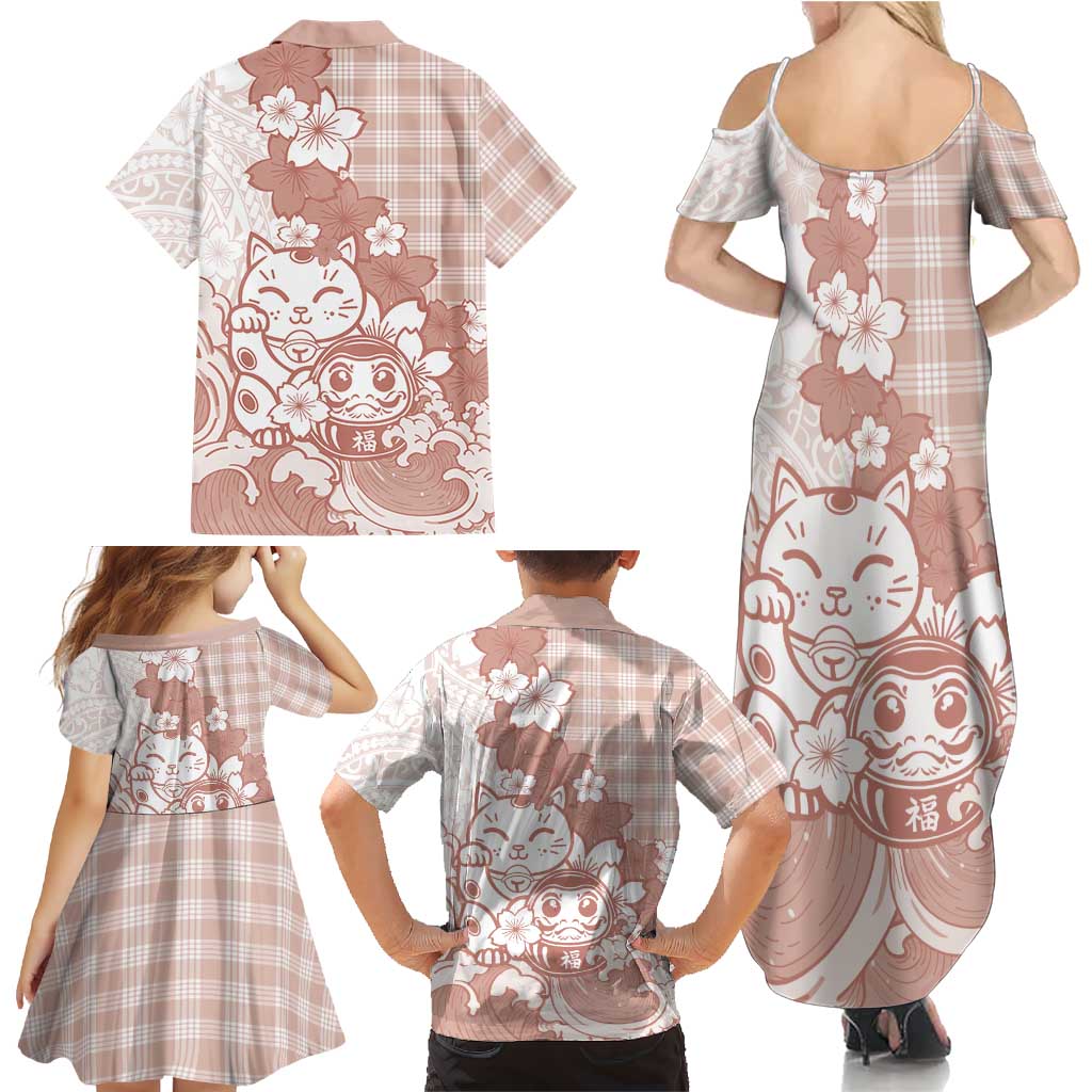 Beige Palaka Hawaiian And Japanese Family Matching Summer Maxi Dress and Hawaiian Shirt Maneki Neko And Sakura Bloom