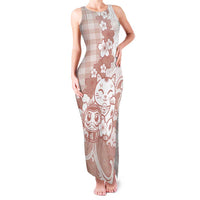 Beige Palaka Hawaiian And Japanese Family Matching Tank Maxi Dress and Hawaiian Shirt Maneki Neko And Sakura Bloom