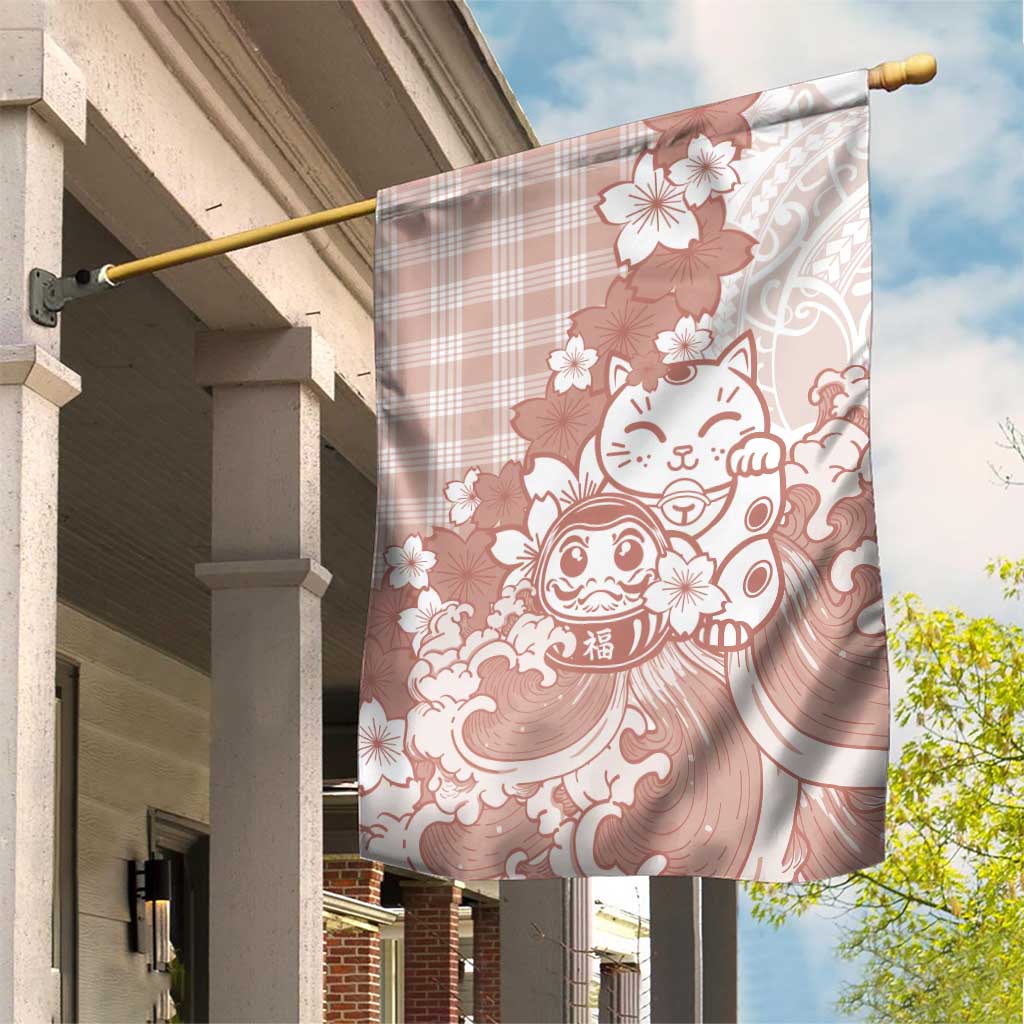 Beige Palaka Hawaiian And Japanese Garden Flag Maneki Neko And Sakura Bloom DT05 House Flag Beige - Polynesian Pride