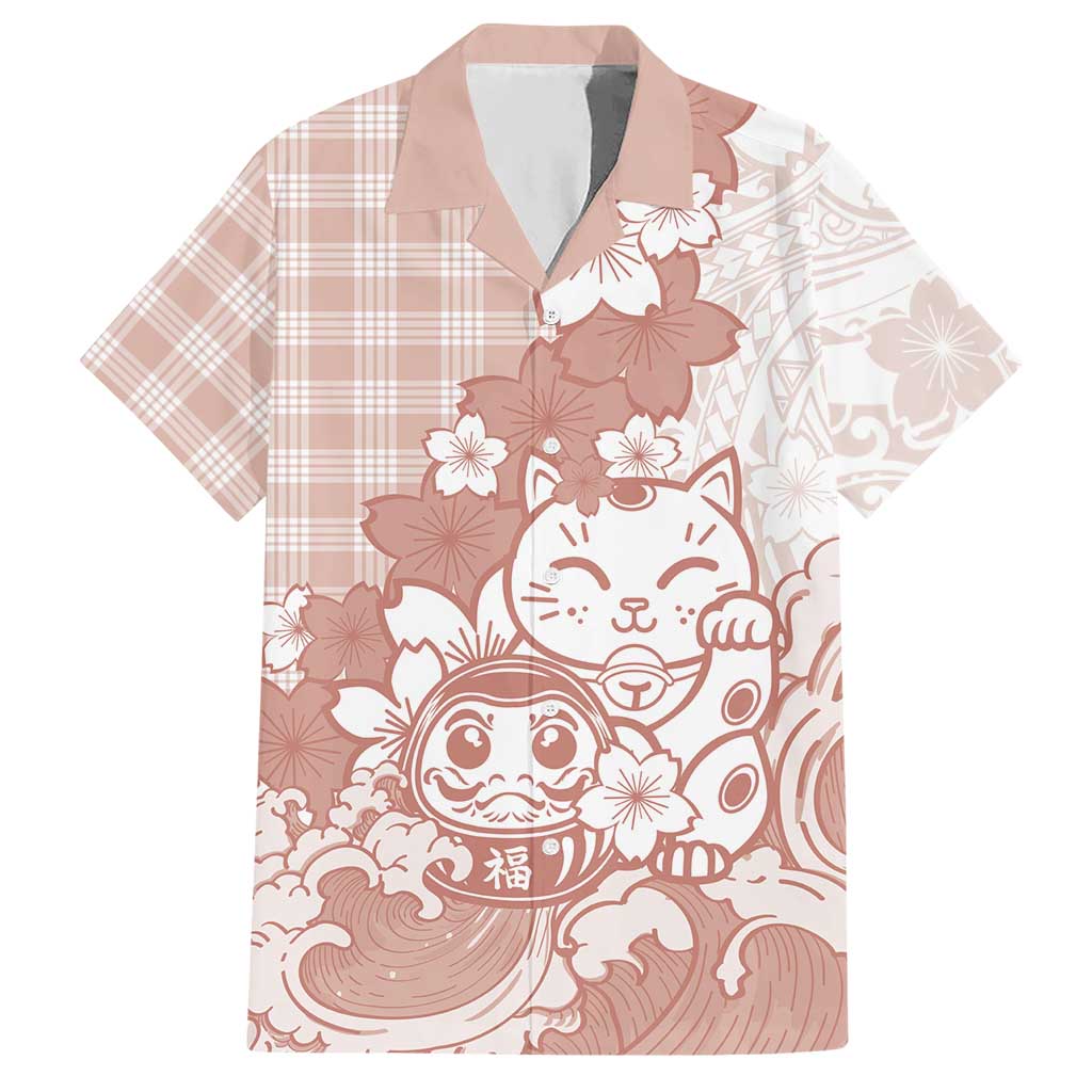 Beige Palaka Hawaiian And Japanese Hawaiian Shirt Maneki Neko And Sakura Bloom DT05 Beige - Polynesian Pride