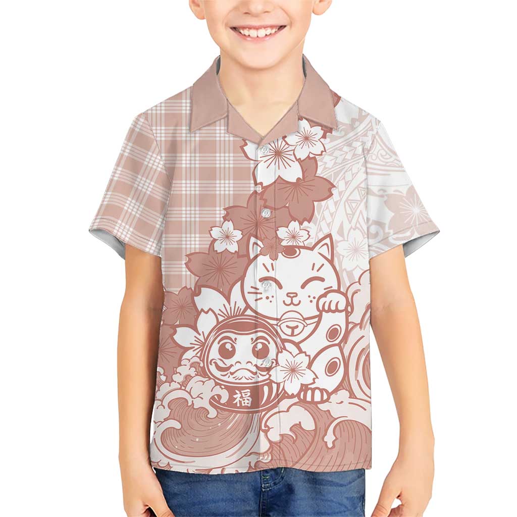 Beige Palaka Hawaiian And Japanese Hawaiian Shirt Maneki Neko And Sakura Bloom DT05 - Polynesian Pride