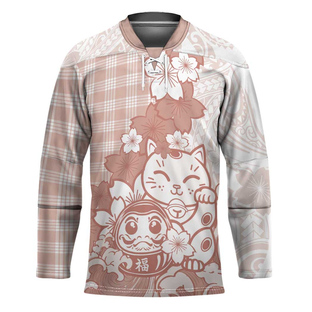 Beige Palaka Hawaiian And Japanese Hockey Jersey Maneki Neko And Sakura Bloom DT05 Unisex Beige - Polynesian Pride