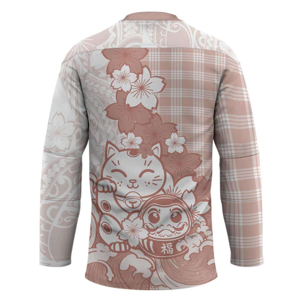 Beige Palaka Hawaiian And Japanese Hockey Jersey Maneki Neko And Sakura Bloom DT05 - Polynesian Pride