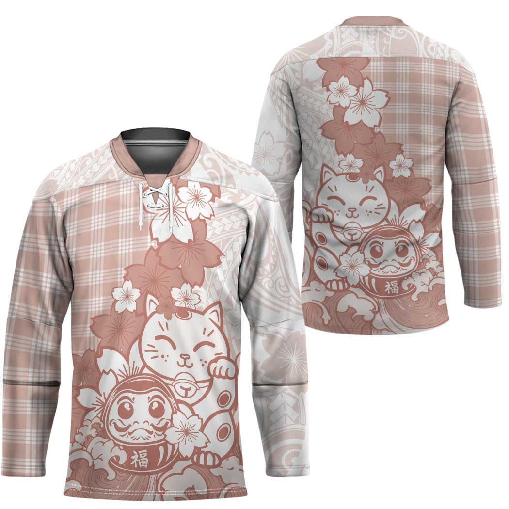Beige Palaka Hawaiian And Japanese Hockey Jersey Maneki Neko And Sakura Bloom DT05 - Polynesian Pride
