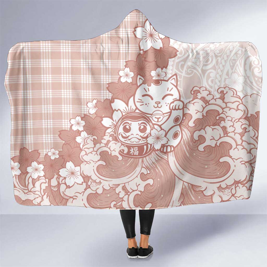 Beige Palaka Hawaiian And Japanese Hooded Blanket Maneki Neko And Sakura Bloom DT05 One Size Beige - Polynesian Pride