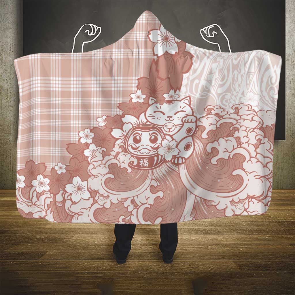 Beige Palaka Hawaiian And Japanese Hooded Blanket Maneki Neko And Sakura Bloom DT05 - Polynesian Pride