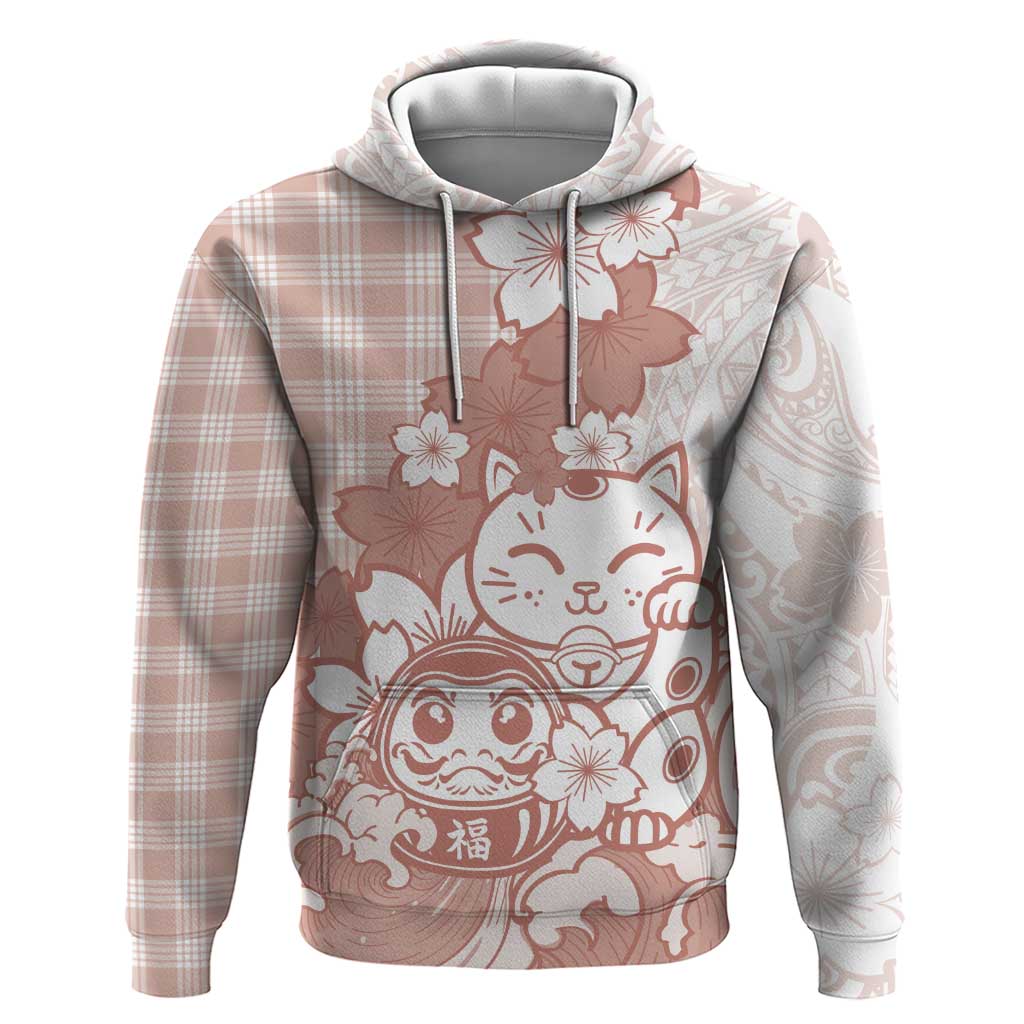 Beige Palaka Hawaiian And Japanese Hoodie Maneki Neko And Sakura Bloom DT05 Pullover Hoodie Beige - Polynesian Pride