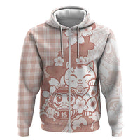 Beige Palaka Hawaiian And Japanese Hoodie Maneki Neko And Sakura Bloom DT05 Zip Hoodie Beige - Polynesian Pride